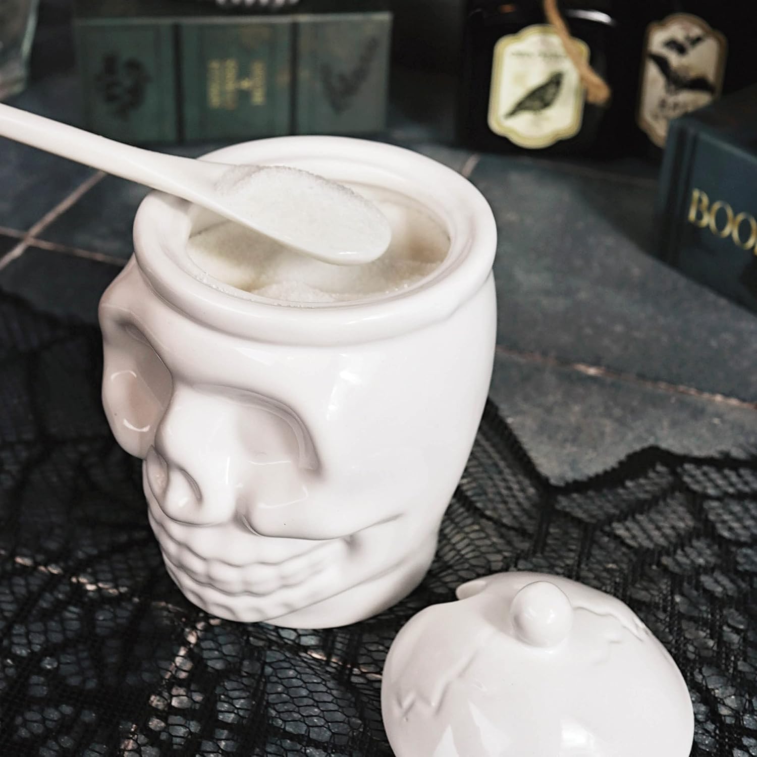 Sugar Skull Sugar Bowl With Bone Spoon - 12 Oz - Spooky Valentines Day Gift, Goth Decor - Witchy, Gothic Tea Set