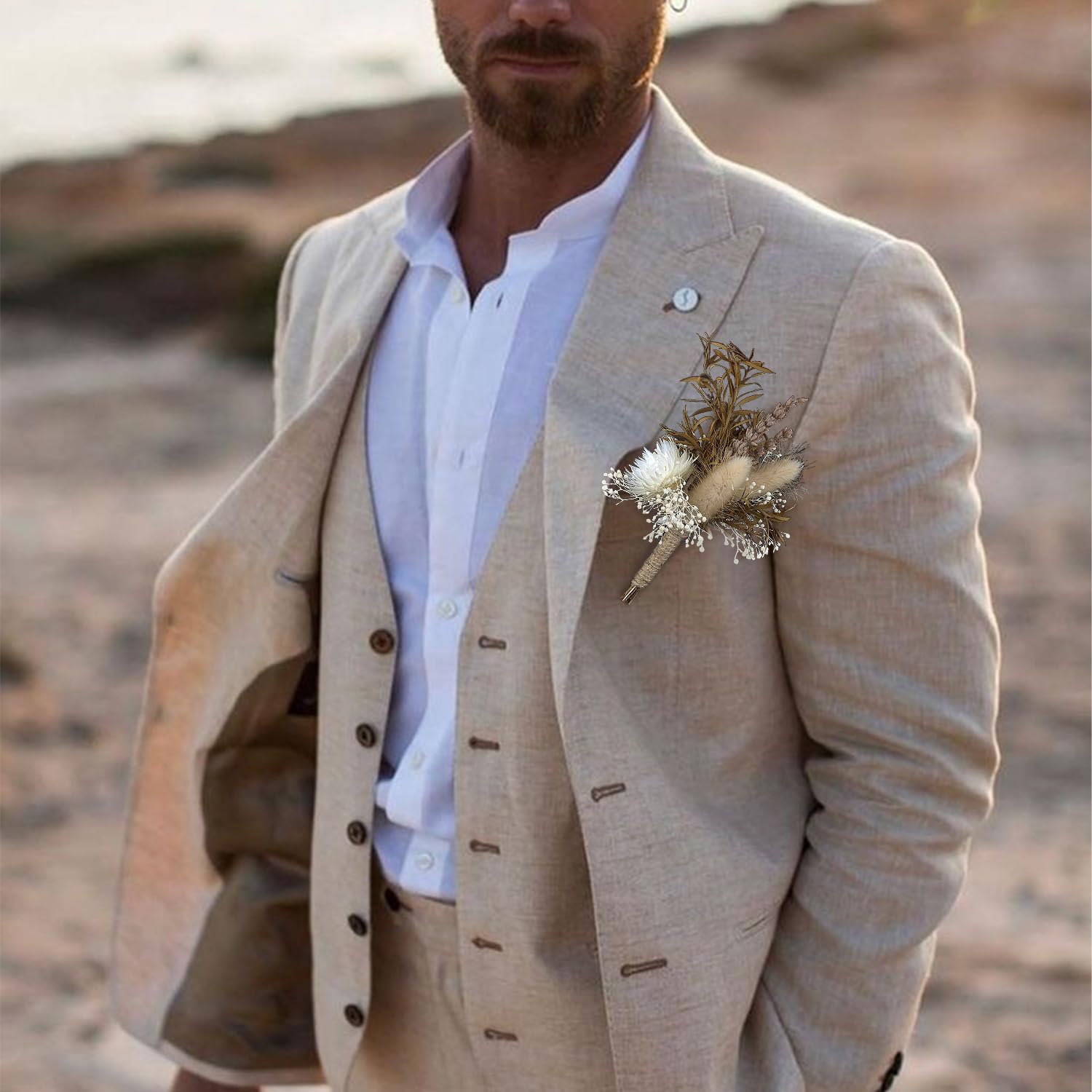 6Pcs Boutonnieres Assorted Dried Flower Boutonniere For Men Boho Wedding Boutineers Fall Groom Boutonnieres With Pins For Prom Homecoming Wedding