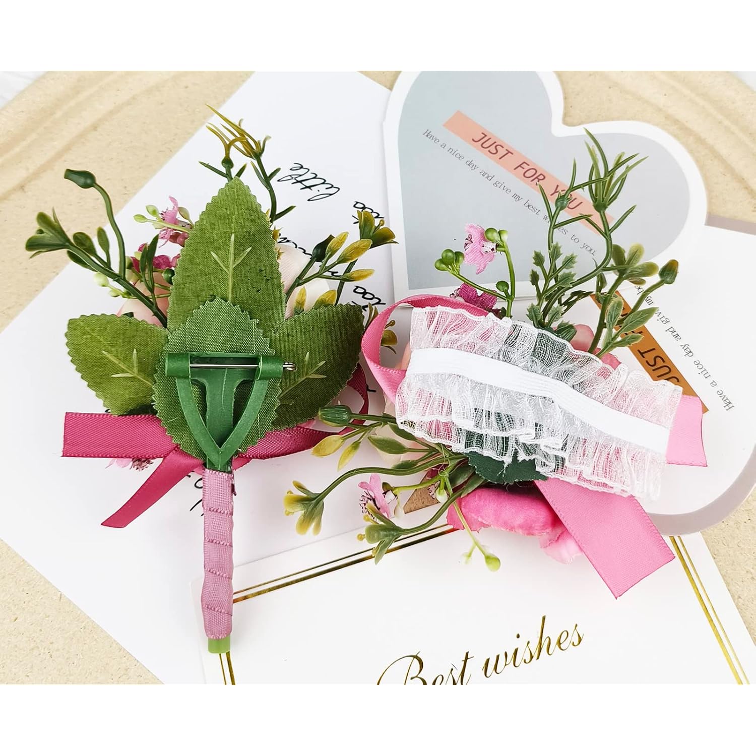 Artificial Corsage Boutonniere Set For Groom Bride Groomsmen Bridesmaids, Simulated Flowers Accessories Wedding Party Prom Suit Decorations-2 Pieces Of Dark Pink+Light Pink