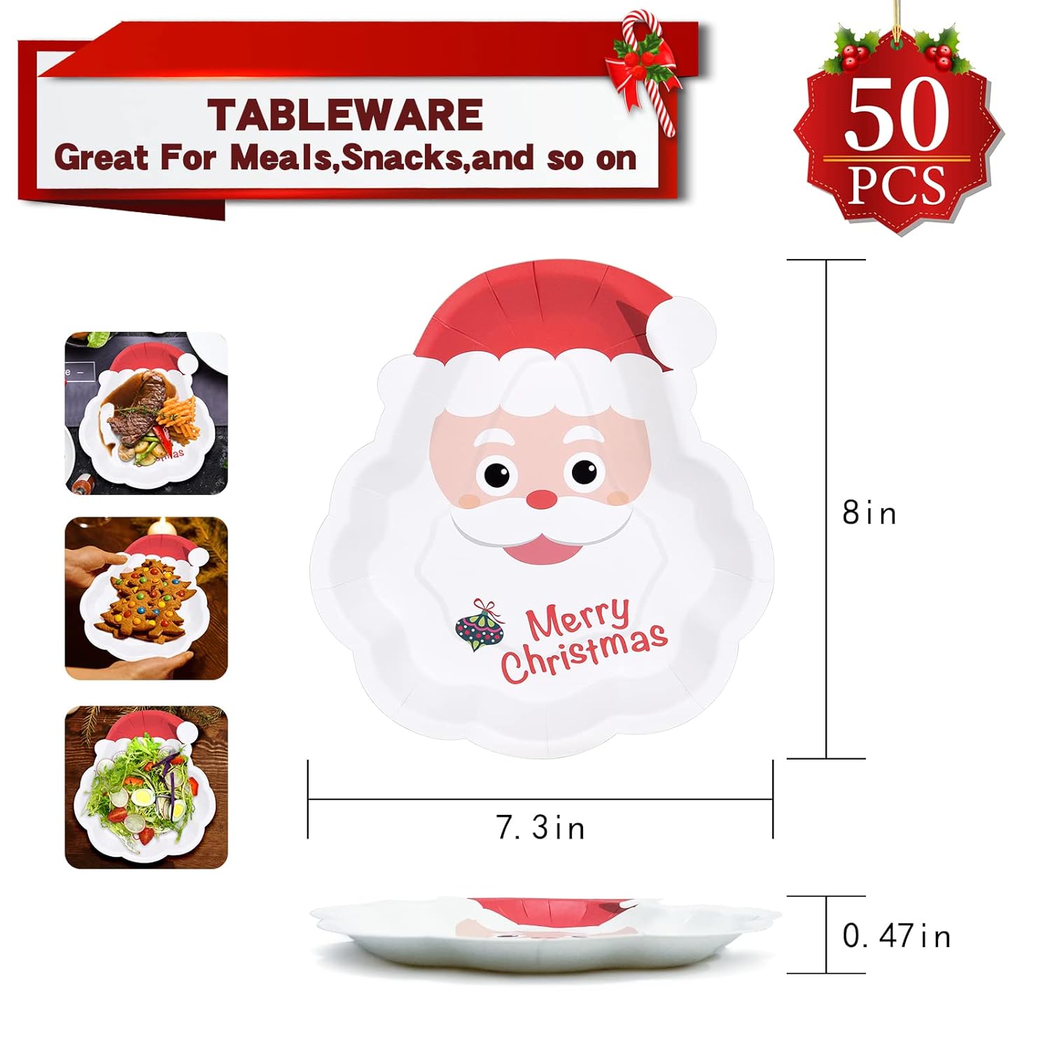 50 Count Christmas Paper Plates Disposable Party Santa Plates For Dessert Dinner Appetizer Salad Cake Cookies Merry Christmas Holiday Dinnerware Party Decoration Supplies