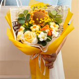 Crochet Flowers Bouquet, Handmade Knitted Sunflower Rose Tulip Puff Flower Bouquet, Gift For Mother Wife On Birthday Valentines Anniversary