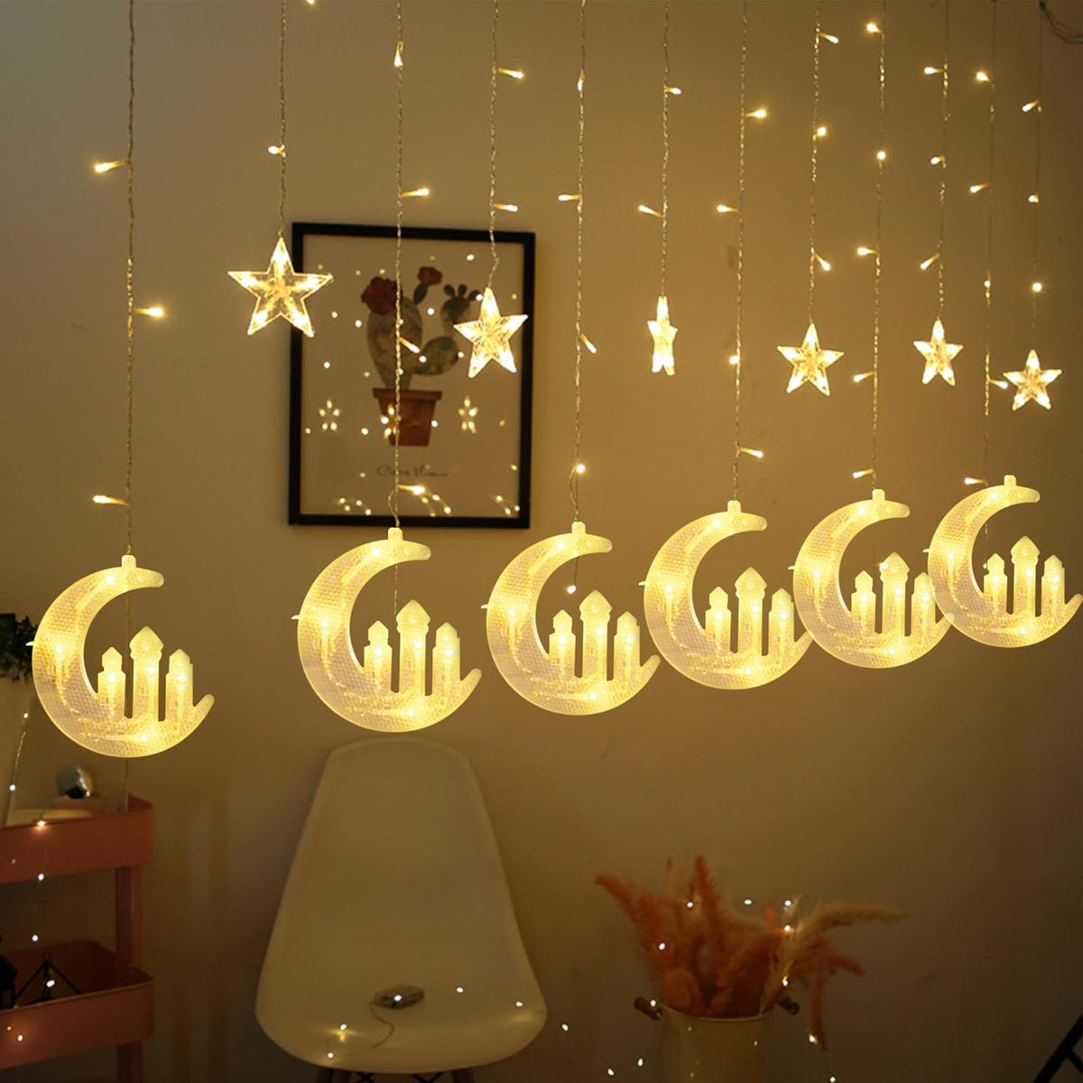 Moon Star And Fairy Tale Castle String Lights, 138 Led Muslim Curtain Fairy String Lights, 8 Lighting Modes For Home Hol