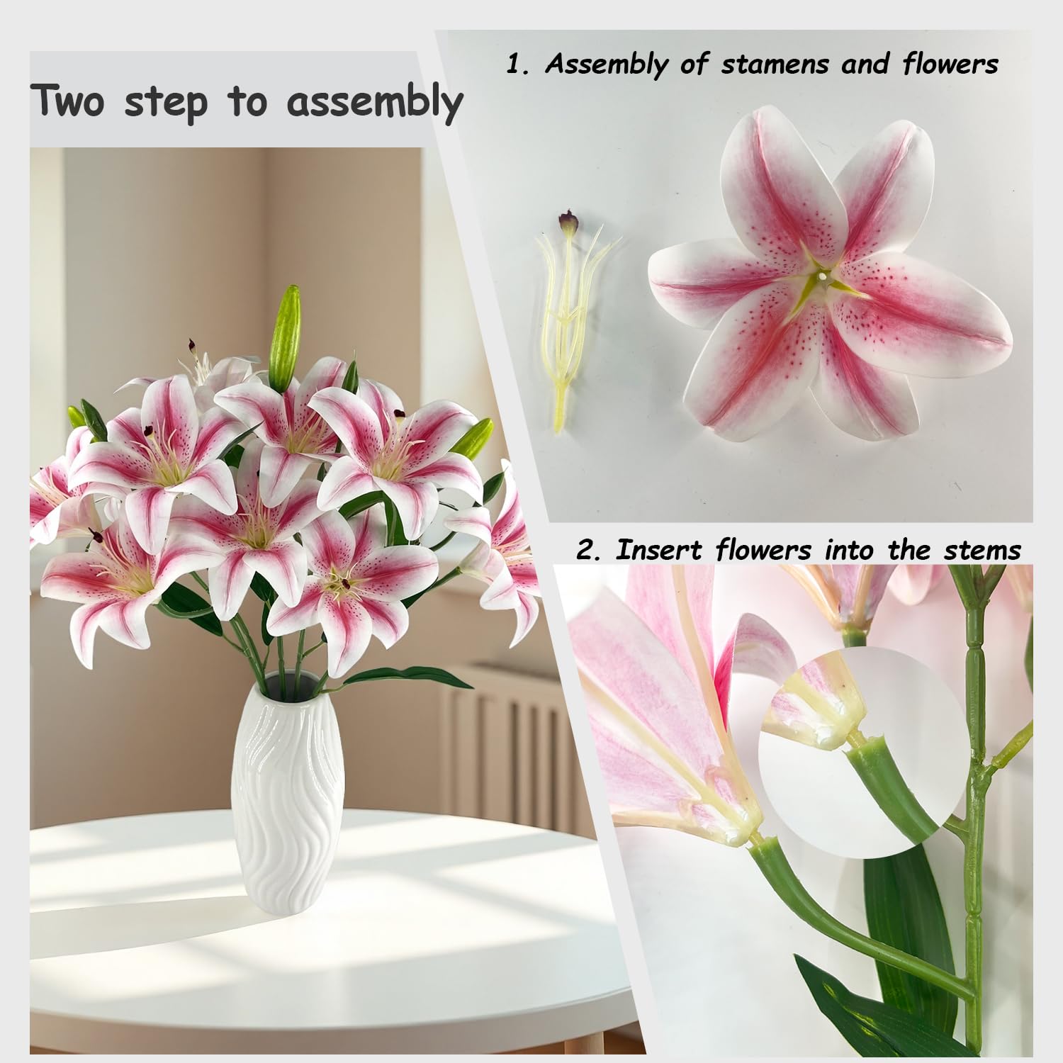 12 Artifical Lily Flowers With 9 Heads Full Bloom Lily & 3 Buds, Long Stem Artificial Stargazer Lilies, Faux Tiger Bouquets For Home Hotel Office Party Decor Table Centerpieces?Light Pink?