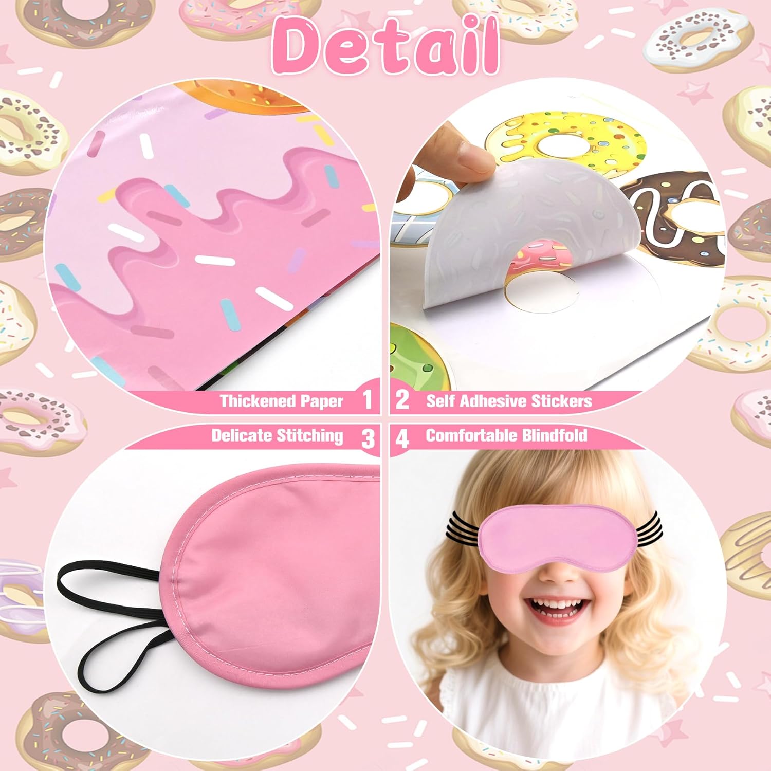 Pin The Donut On The Hook Party Game – Donut Birthday Party Decorations With 24 Stickers, Blindfolds & Large Poster, Fun Party Favor For Kids, Girls, Boys & Doughnut Themed Celebrations