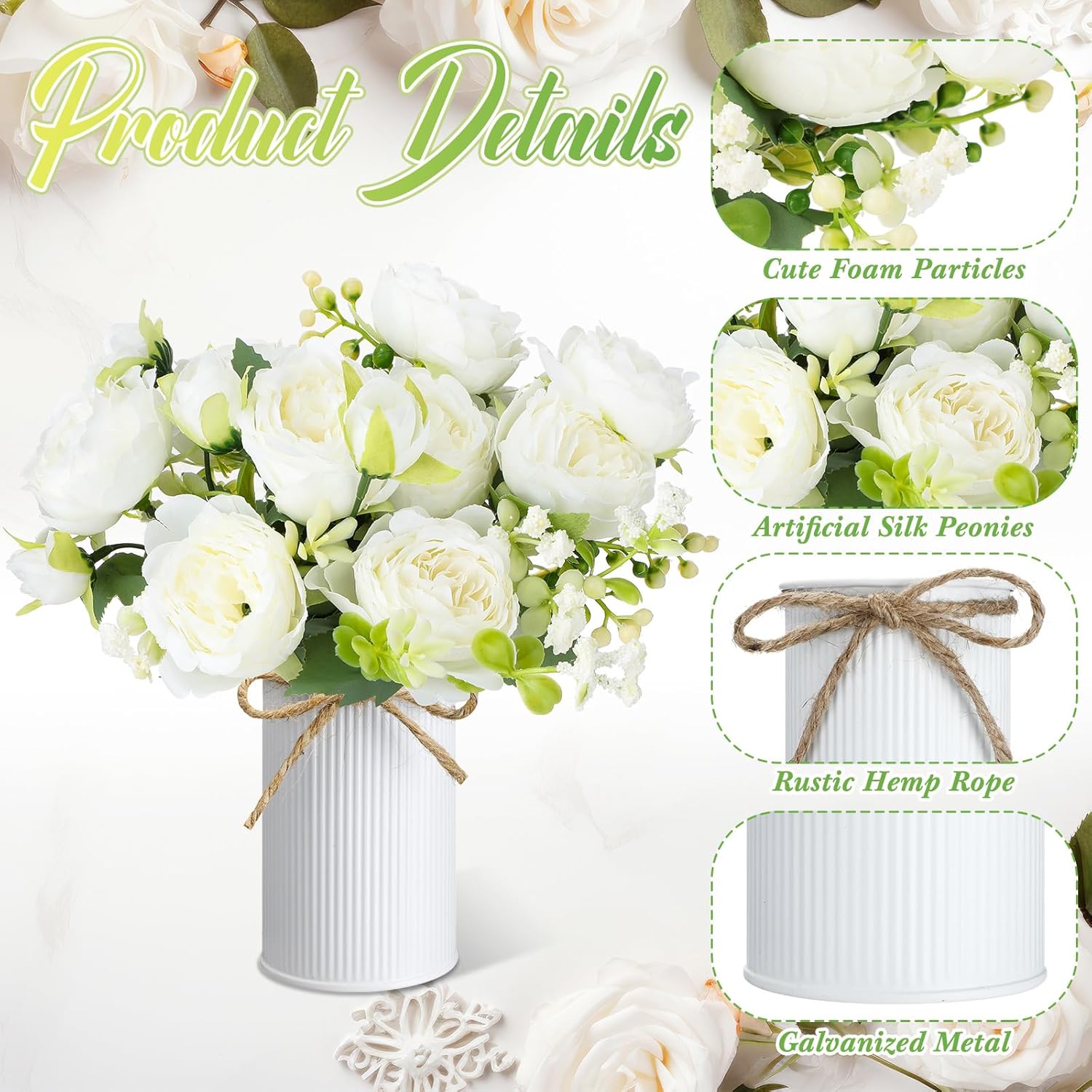 6 Sets Artificial Peonies Flower Peony Bouquet With Galvanized Metal Pot Silk Fake Peonies Faux Flower Arrangements For Wedding Table Centerpiece Party Home Room (White)