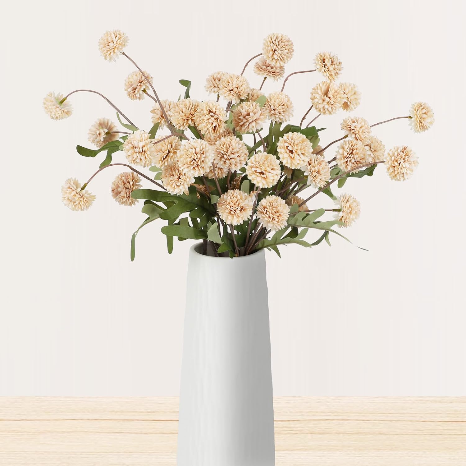 Beige Pompon Mums Artificial Flowers, 8Pcs Stems Faux Silk Mini Chrysanth, Bulk Fake Wedding Filler Flowers Flower Ball For Diy Bouquet Centerpieces Floral Arrangements Shower Decorations