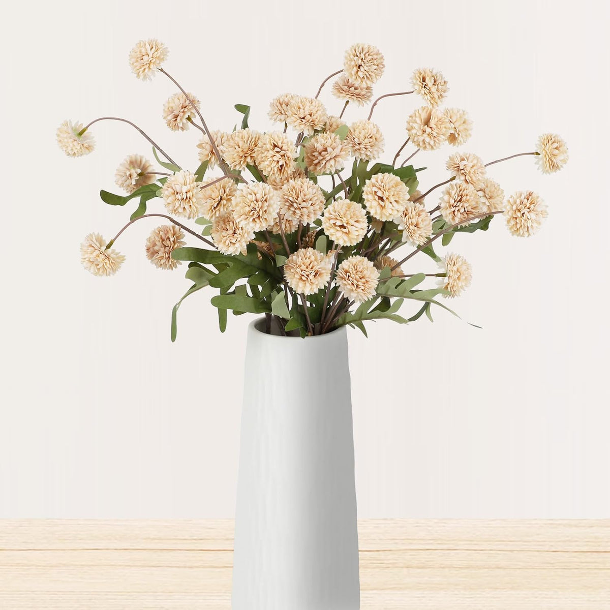 Beige Pompon Mums Artificial Flowers, 8Pcs Stems Faux Silk Mini Chrysanth, Bulk Fake Wedding Filler Flowers Flower Ball For Diy Bouquet Centerpieces Floral Arrangements Shower Decorations