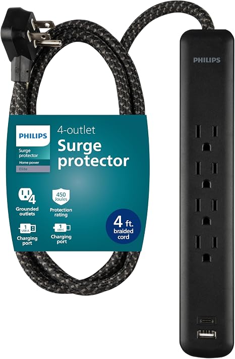4 Outlet Surge Protector Power Strip USB C 4Ft Braided Cord Flat Plug