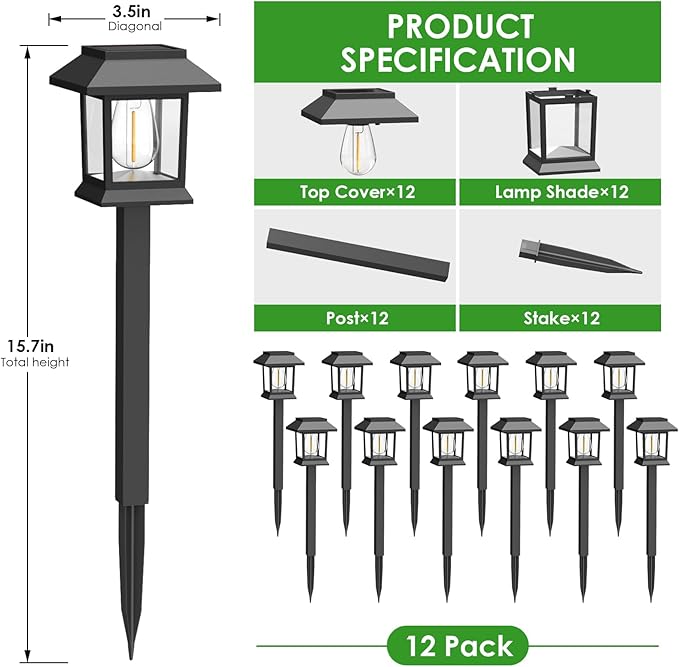 12 Pack Solar Pathway Lights Waterproof Black Landscape Lights for Garden Yard Walkway