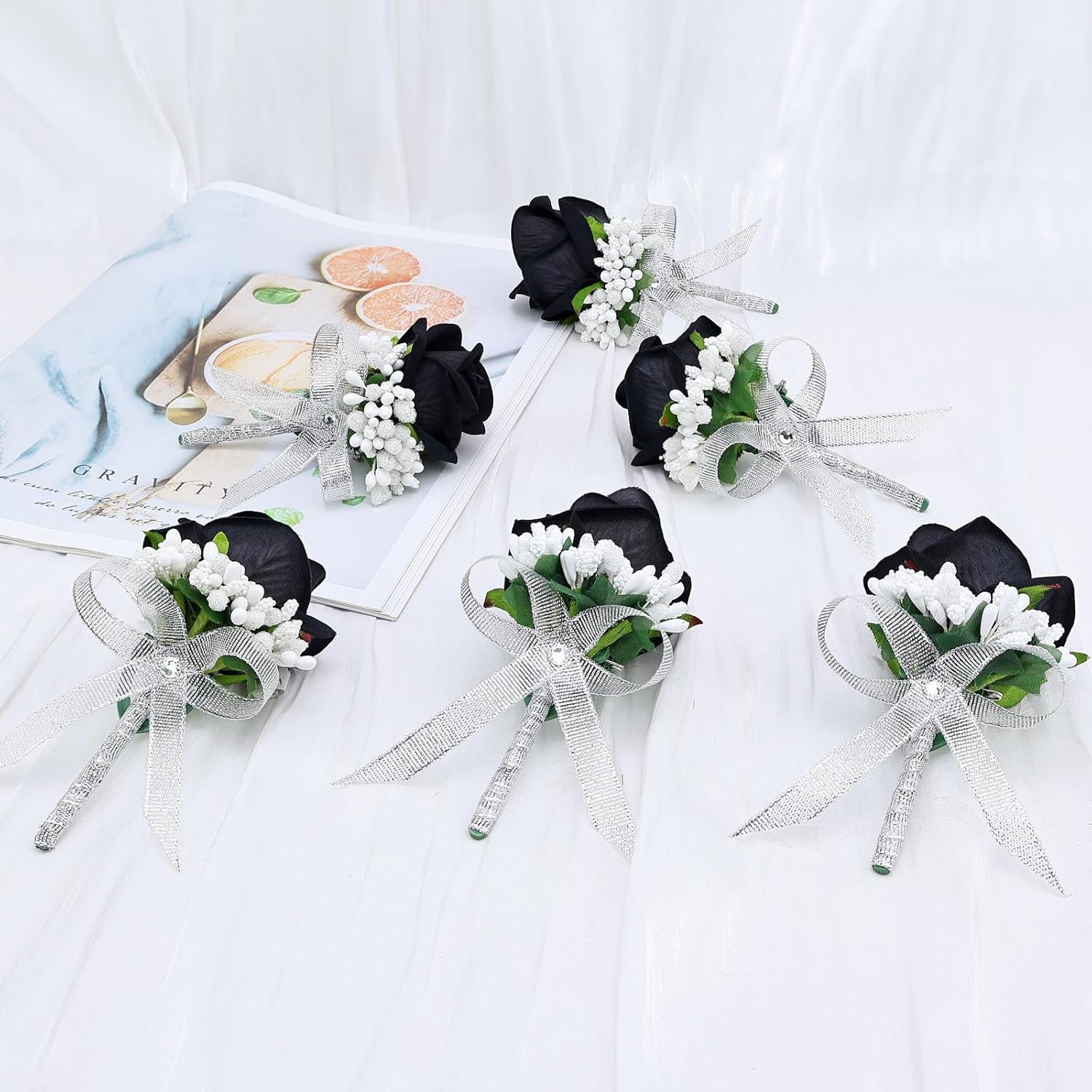 6Pcs Black Rose Boutonniere For Men, Groom Groomsmen Best Man Artificial Flowers Boutonnieres Suit Decoration, For Wedding Homecoming Formal Dinner Prom Party