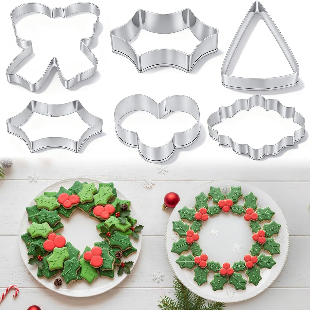 2 Set Christmas Wreath Centerpiece Cookie Cutters And Tree Cookies Cutters With Box Holly Leaf Cookie Cutter Include Holly Leaves Berry Bow Tree Plaque For Biscuit Diy Cake Xmas Baking Supply
