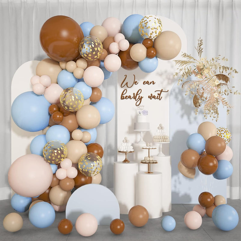 Brown Coffee Blue Balloons Garland Arch Kit, 142Pcs Boho Nude Baby Blu