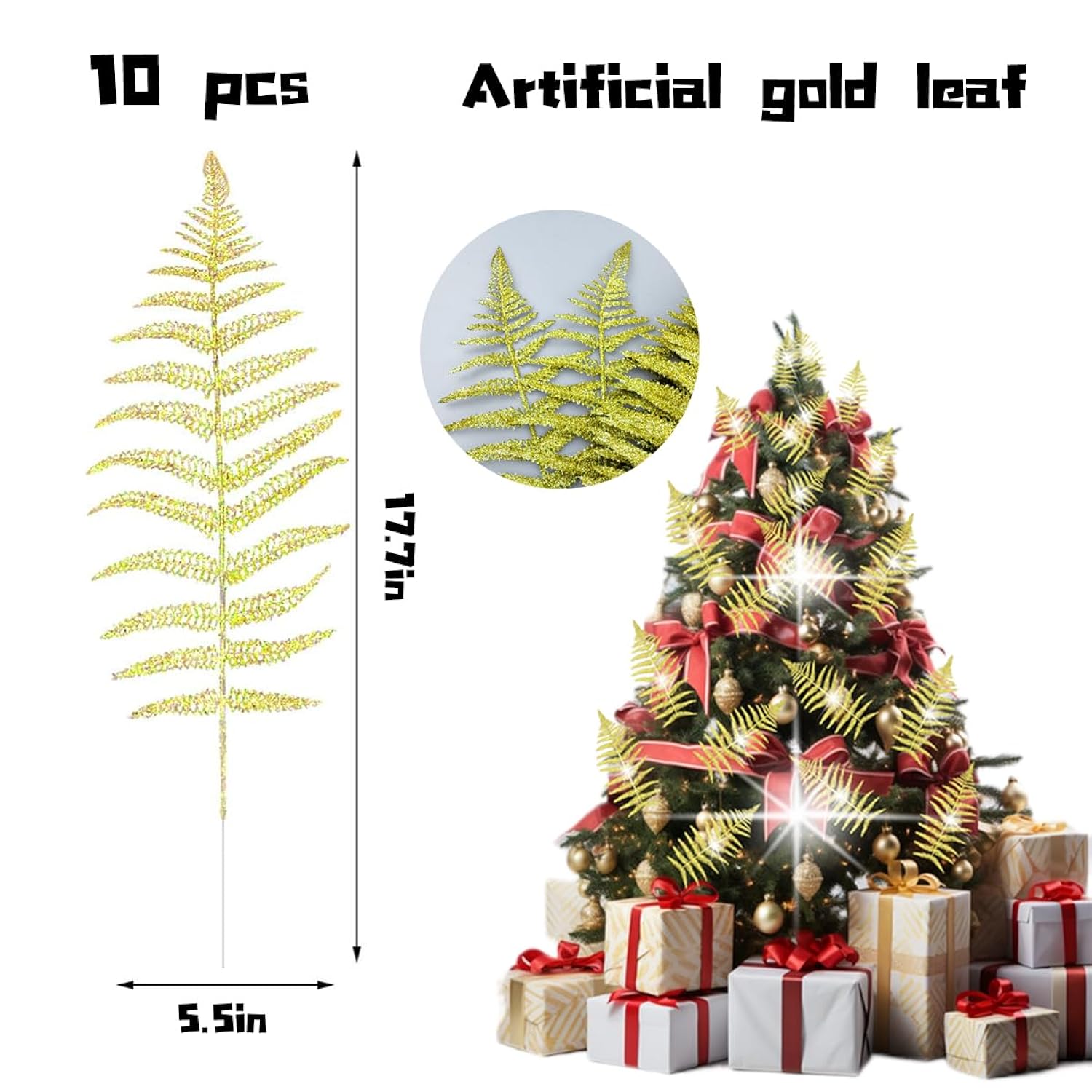 10Pcs Artificial Gold Leaf Fake Leaves Glittering Gold Flowers Fake Foliage Gold Ornaments For Christmas Tree Christmas Picks Gold Decor Wreath Decorations(Gold)