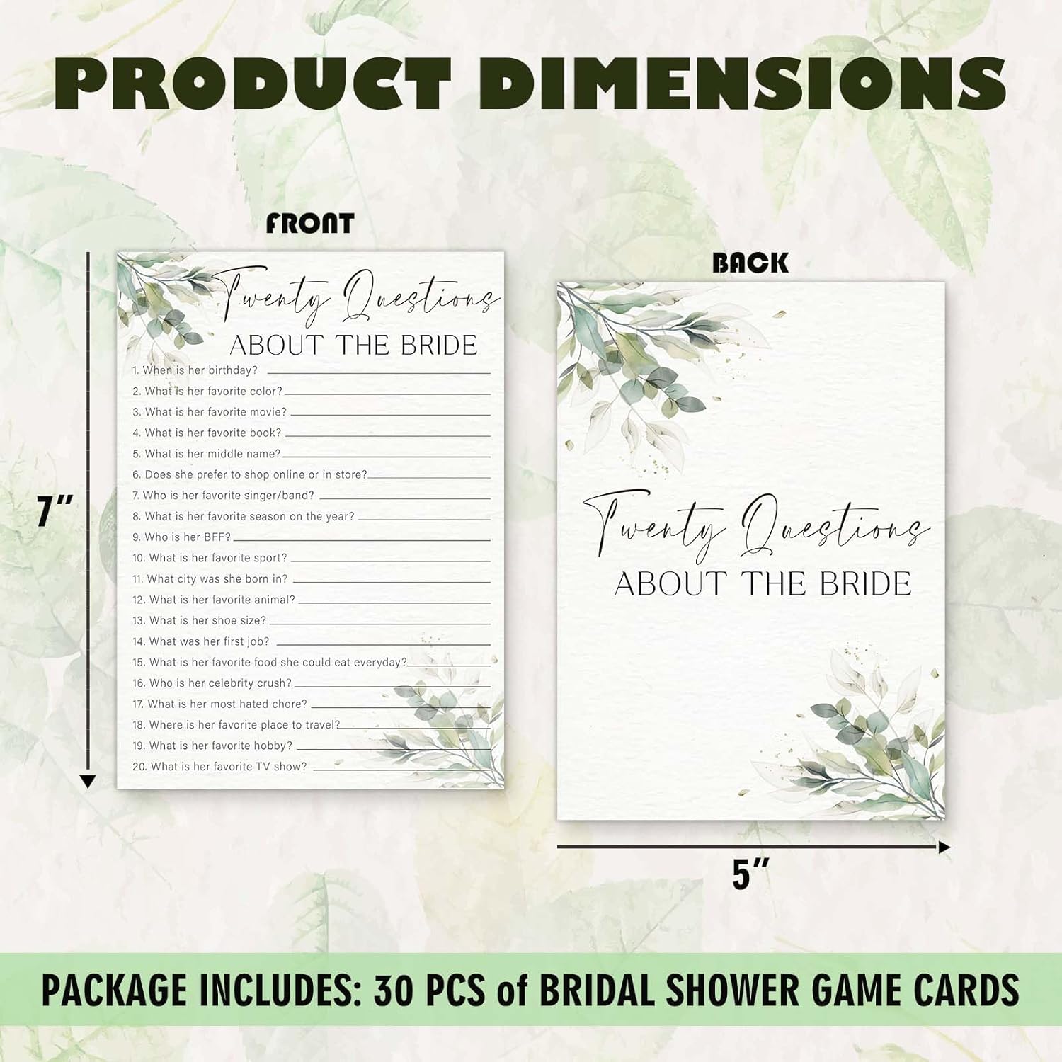Greenery Wedding Shower Games, 20 Questions About The Bride, 30 Elegant Bridal Shower Activity For Bachelorette Engagement Party Supplies Favors- B04