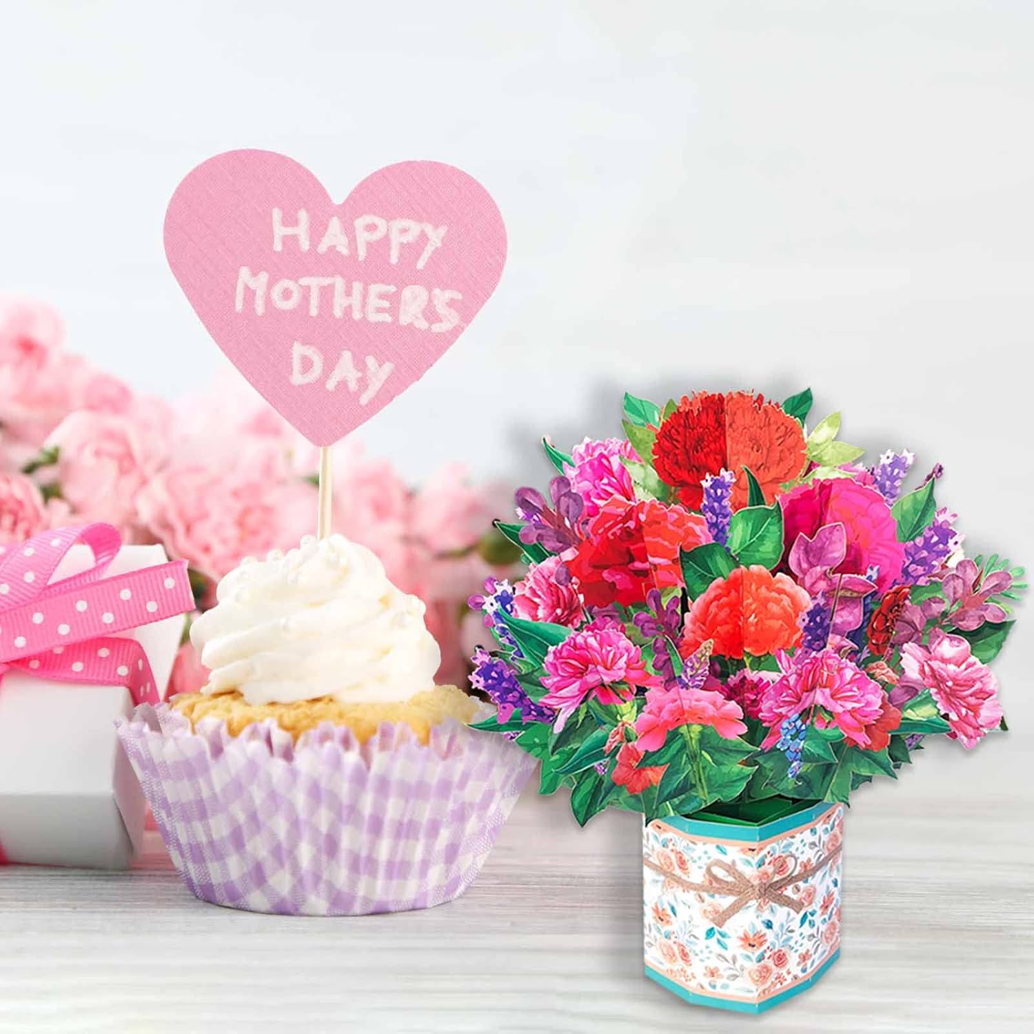 Pop Up Flower Bouquet Card, Carnation Paper Bouquet, 9 Inch 3D Pop Up Birthday Cards,Thank You Cards,Anniversary Card,Greeting Cards For Women Mom Girls,Blank Notecard And Envelope