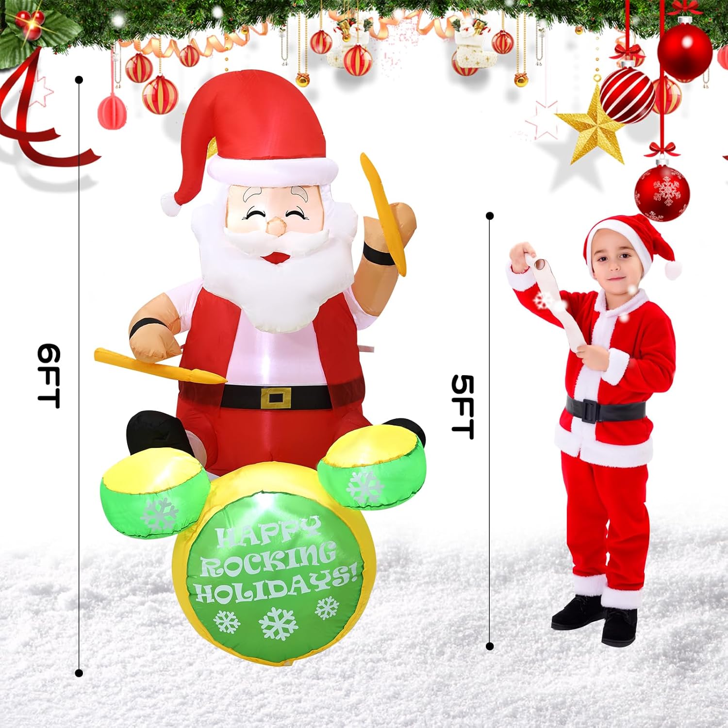 6Ft Christmas Inflatable Outdoor Decorations, Old Man Playing Drums Inflatable Patio Decorations With Led Lights For Ind