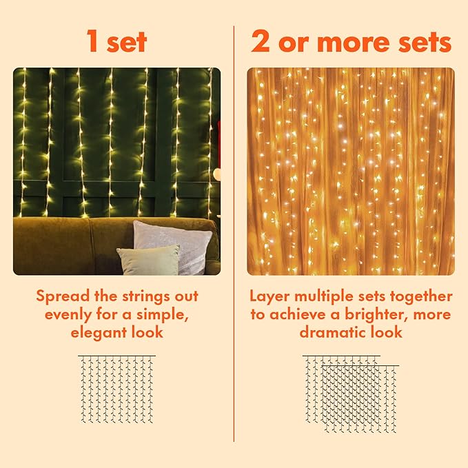 300 LED Curtain String Lights Plug In Warm White Fairy Lights 8 Modes for Bedroom Wedding Party Window Wall Decor