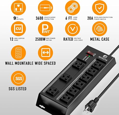 Heavy Duty Metal Power Strip 9 Outlets 20A 12 Gauge 6 Ft Extension Cord