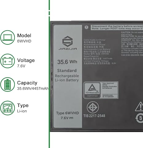 6WVHD 7.6V 35.6Wh Replacement Laptop Battery for Dell Latitude 7230 Rugged Extreme Tablet