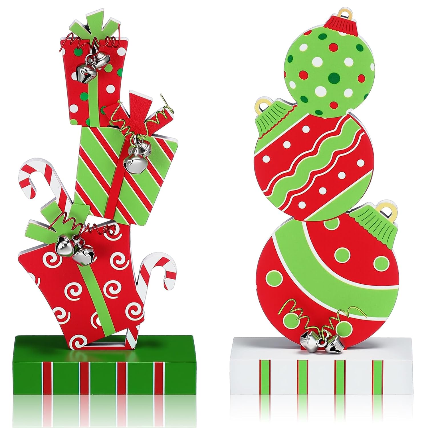 2 Pcs Christmas Table Decorations 5.9 Inch Wooden Xmas Centerpieces Red Green Gifts Box And Ball Ornaments Shape Christmas Signs Tabletop With Bells For Table Shelf Fireplace Holiday