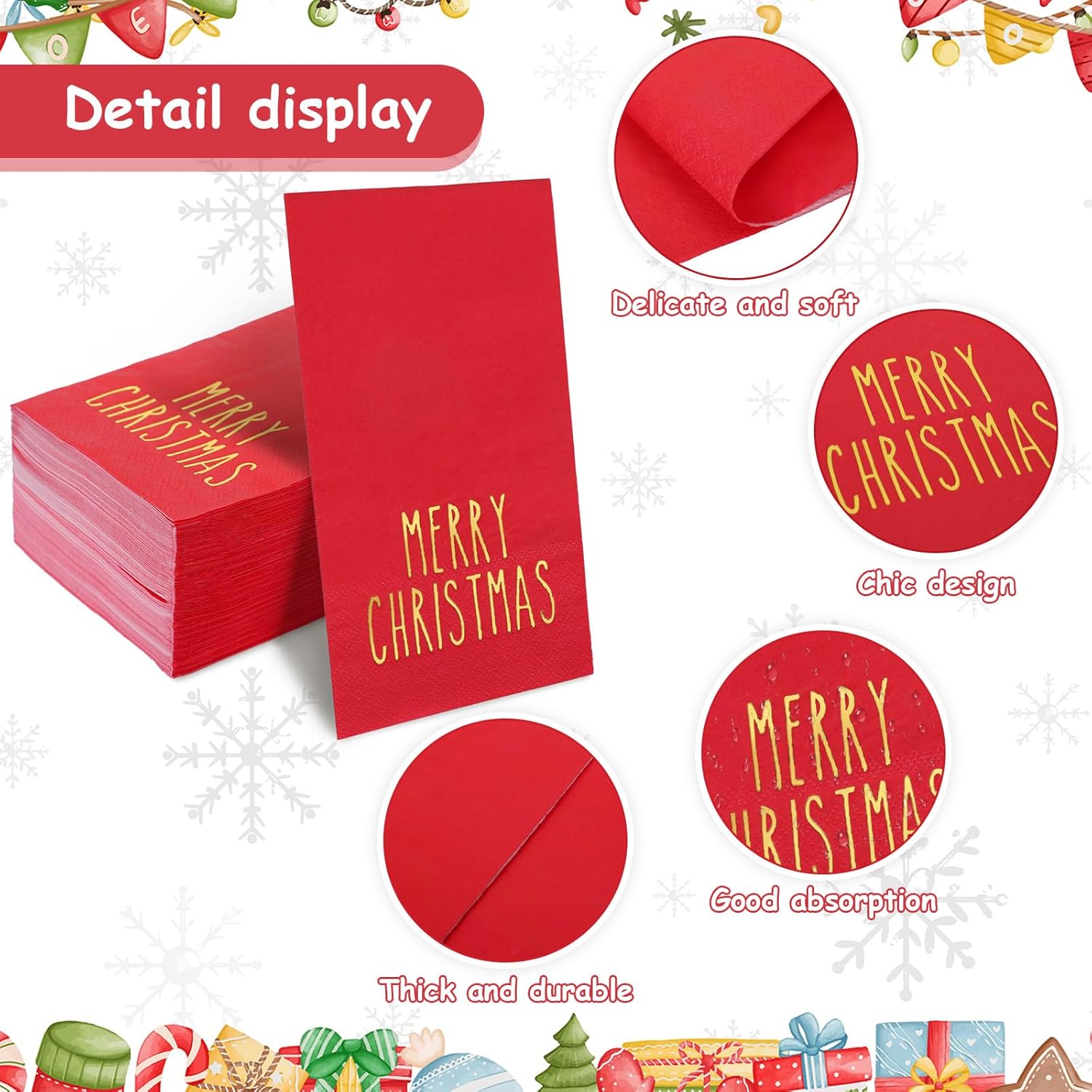 100Pcs Merry Christmas Guest Napkin Gold Foil Xmas Red Paper Napkin Disposable Dinner Hand Towel Napkin For Party Supplies Table Decor