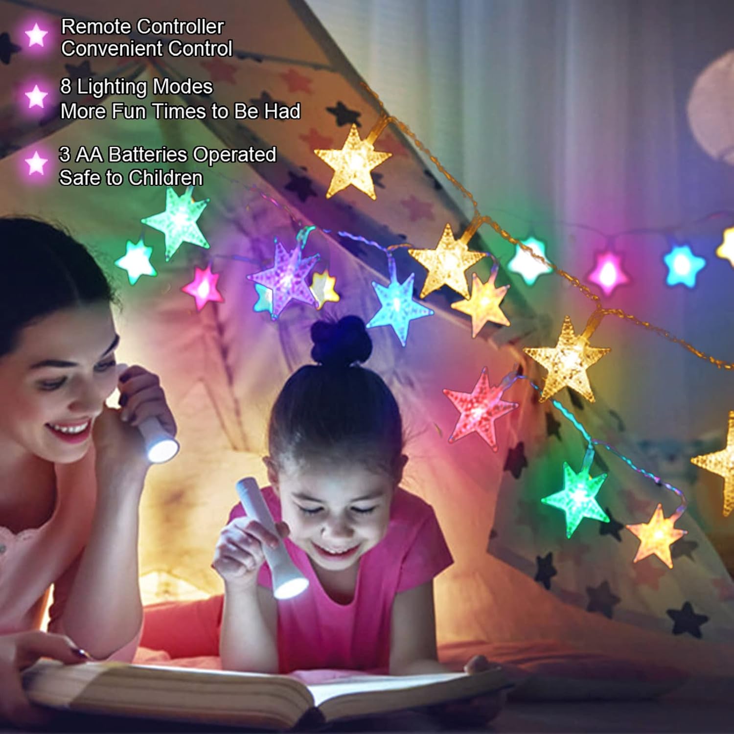 Lampdream 25Ft 50Leds Battery Powered Star Fairy Lights, 8 Modes Warm White Color Changing Led Star String Lights For Wedding, Christmas, Birthday, Halloween, Mother Day