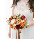 9" Wide Burnt Orange Wedding Bouquet For Bride, Rustic Terracotta Artificial Flowers Bridal Bridesmaid Bouquet For Fall Wedding Prom