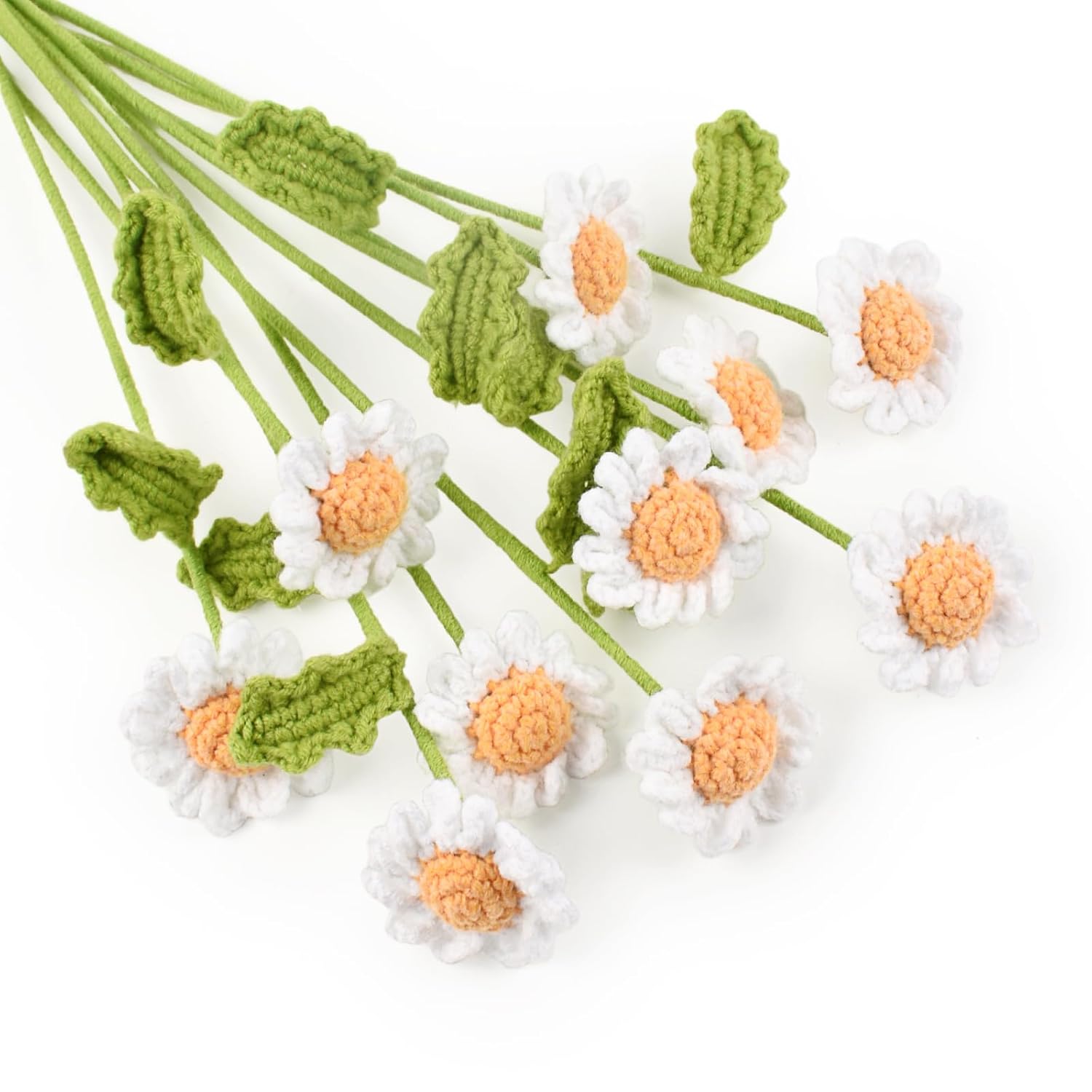 6Pcs Crochet Daisy Flower 16.5Inch Knitted Handmade Daisy Flowers Cotton Knitted Flowers For Indoor Outdoor Home Kitchen Office Table Garden Decorations (White)