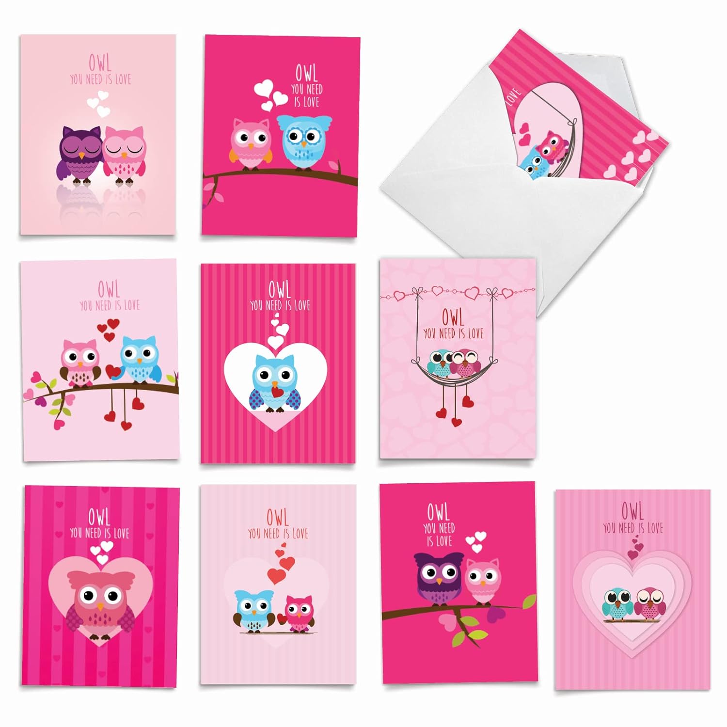 - 10 Assorted Valentine'S Day Note Cards (4 X 5.12 Inch) - Boxed Valentine Cards, Bulk Set With Envelopes - Owl You Need Is Love M5665Vdg-B1X10