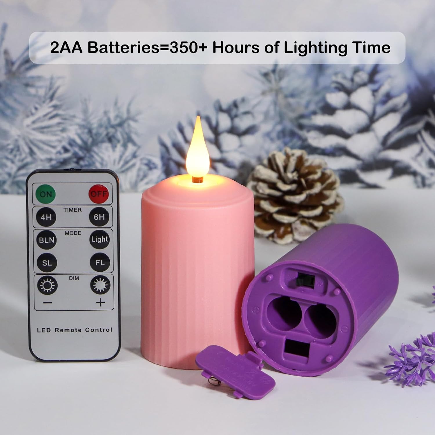 Flameless Advent Candles Purple And Pink, 4 Inch Battery Operated Led Advent Pillar Candles With Remote Timer, 350+ Hours Long Lasting Candles For Christmas Advent Rituals And Wreath,Set Of 4