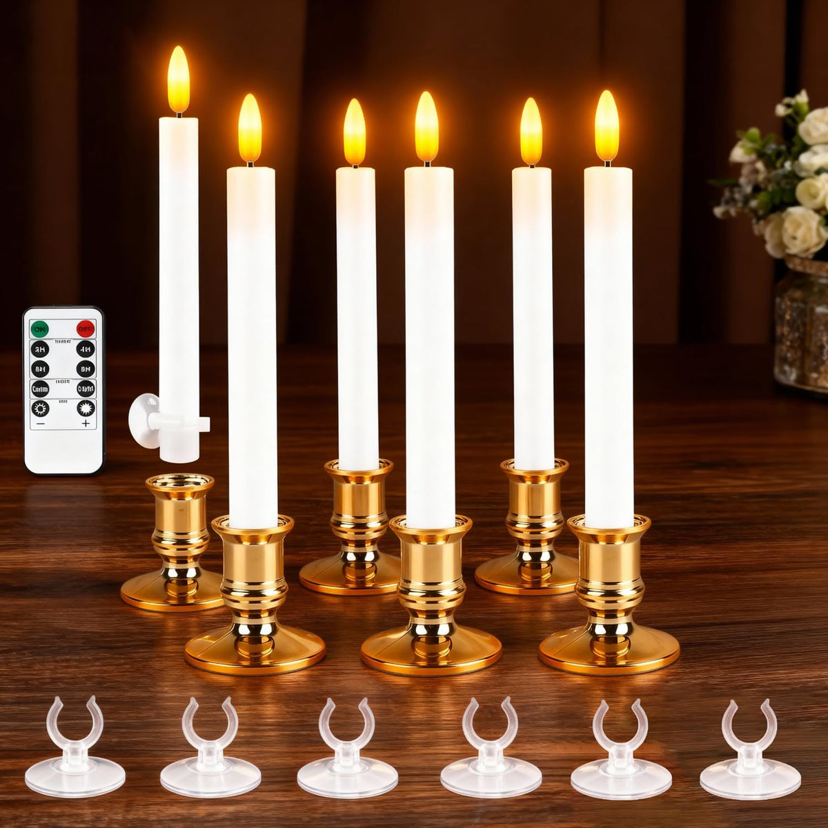 Christmas Window Candles, 6 Pcs Battery Operated Flameless Taper Candles With Remote, Timer, 3D Wick, Holders & Suction Cups For Christmas, Wedding, Halloween Decor