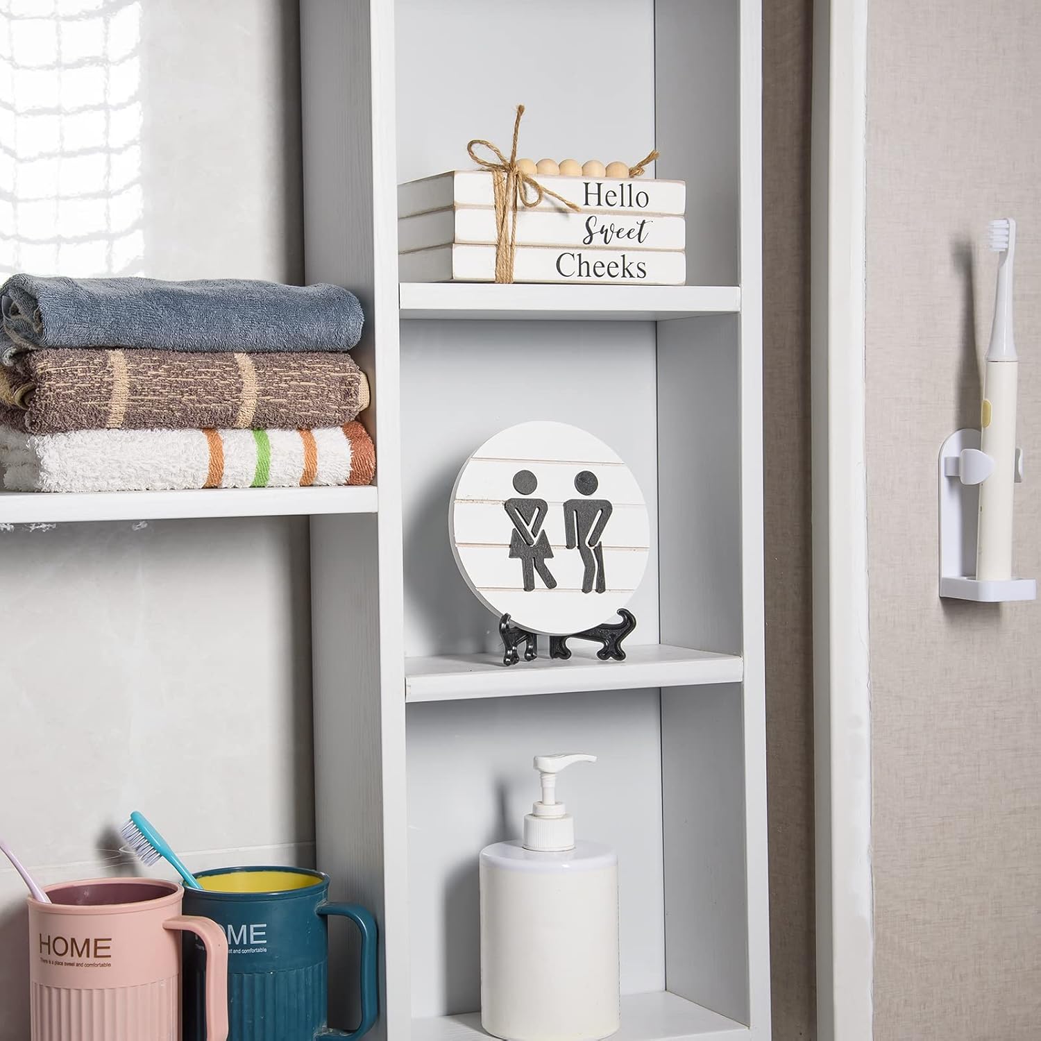 Farmhouse Funny Bathroom Signs - 3D Round Shiplap Signs And Book Stack - Hello Sweet Cheeks - Rustic Decor For Restroom Shelf