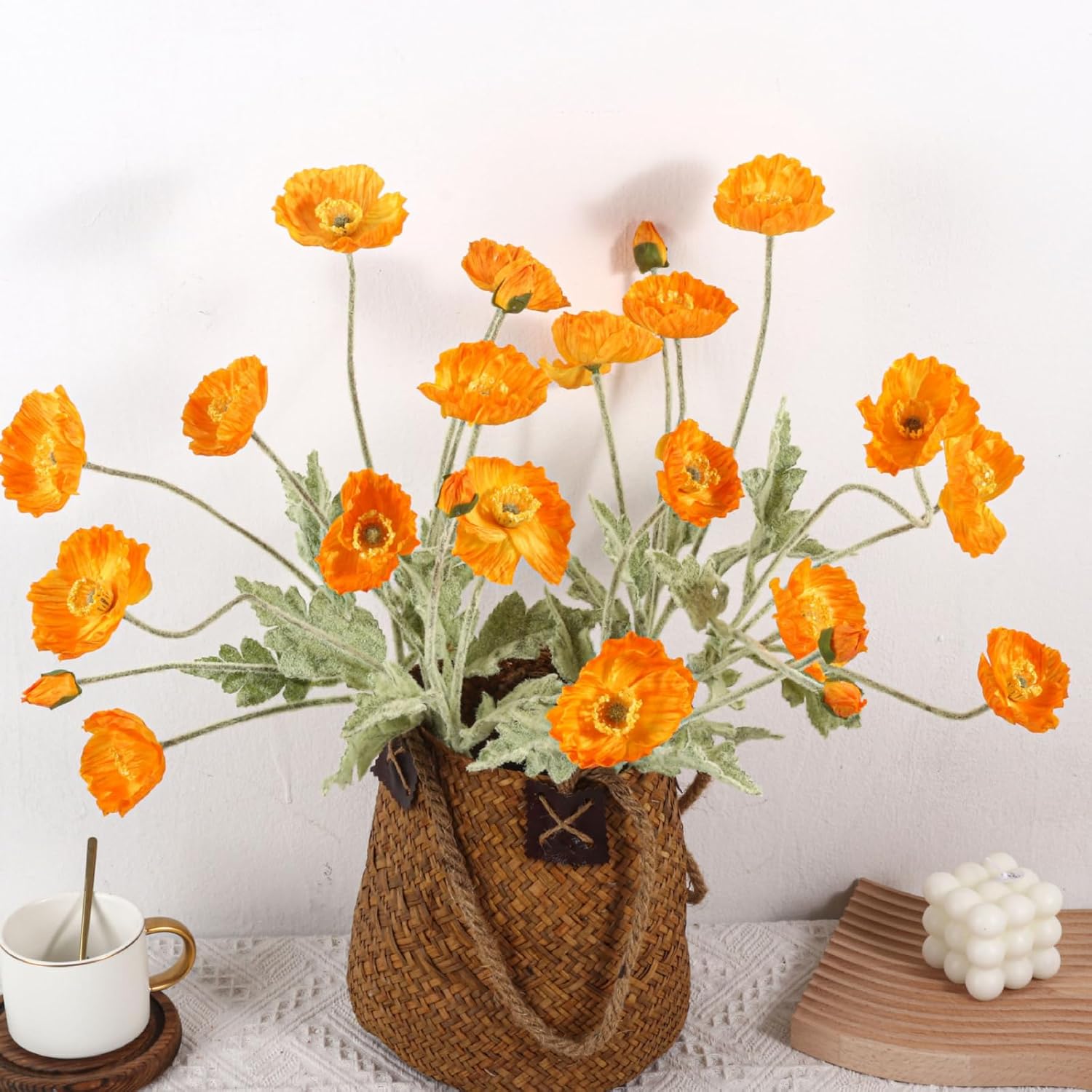 8 Stems Artificial Flowers Fake Faux Poppy Silk Bouquet Orange Flowers For Wedding, Home, Party Decoration,Table Centerpiece Arrangement(8, Orange)