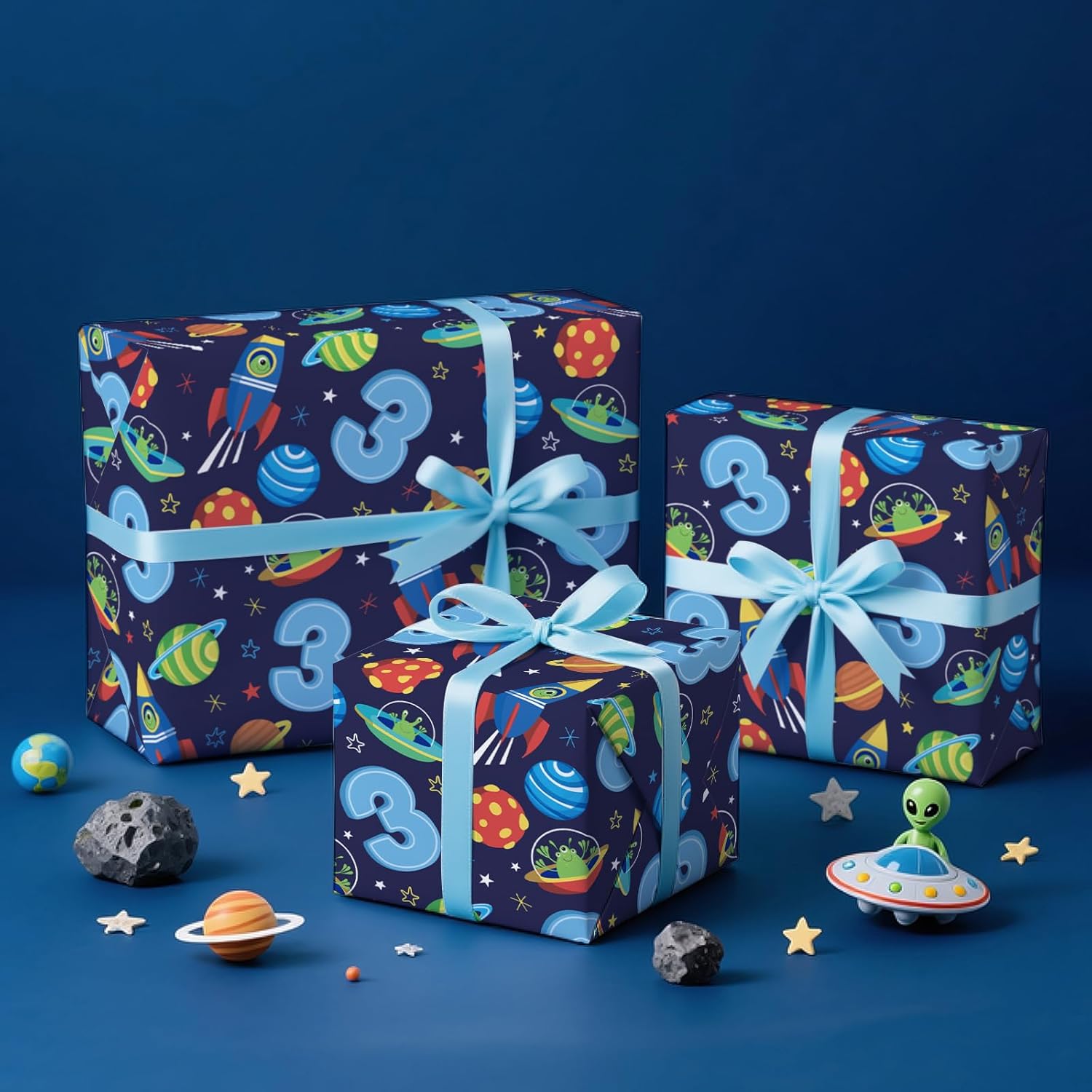 3Rd Birthday Wrapping Paper - Mini Roll - 17 Inch X 16.5 Feet - 3Rd Birthday And Rocket Space Wrapping Paper Perfect For Boys Kids Girls, Baby Shower