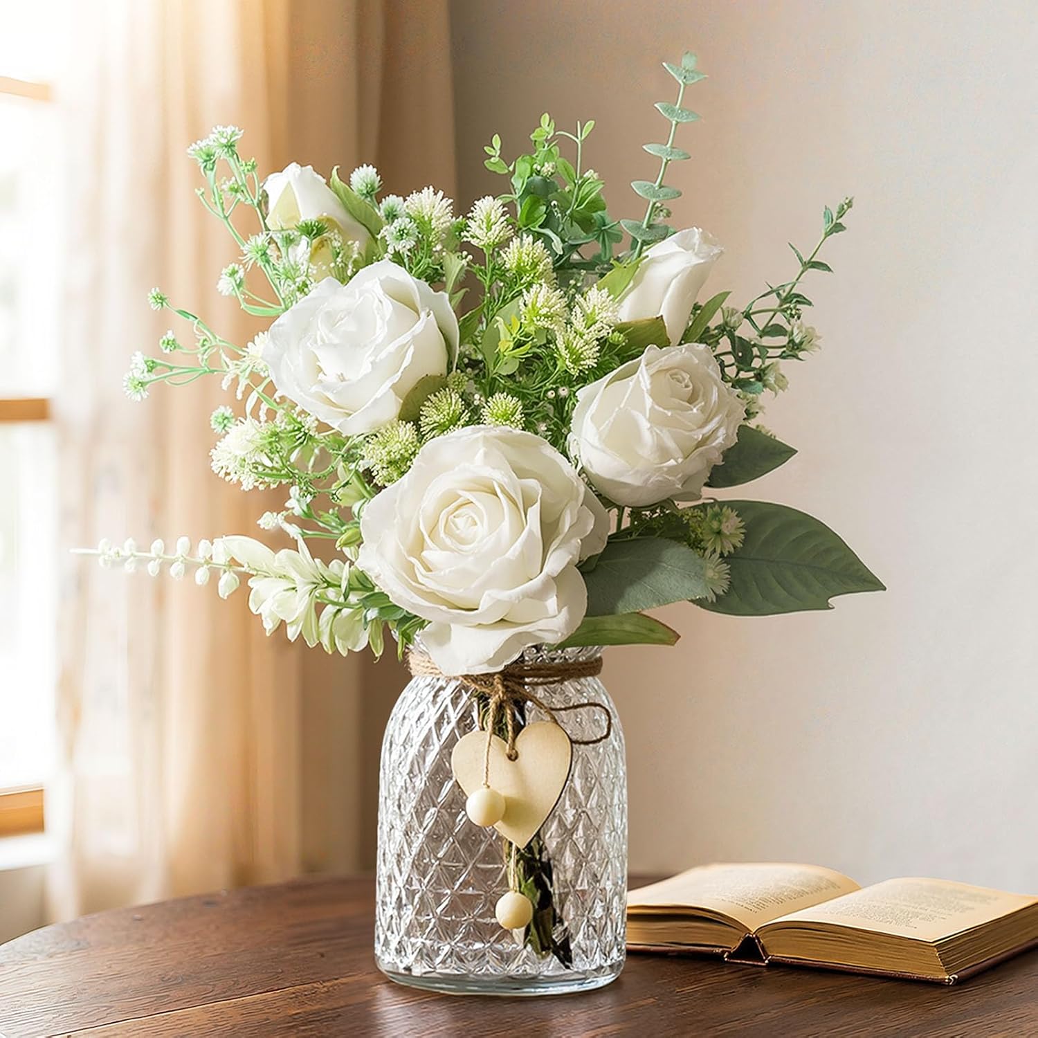12.5Inch Artificial Flowers Bulks In Vase, White Fake Roses In Vase Lifelike Faux Flower Arrangement For Wedding Home Table Centerpieces