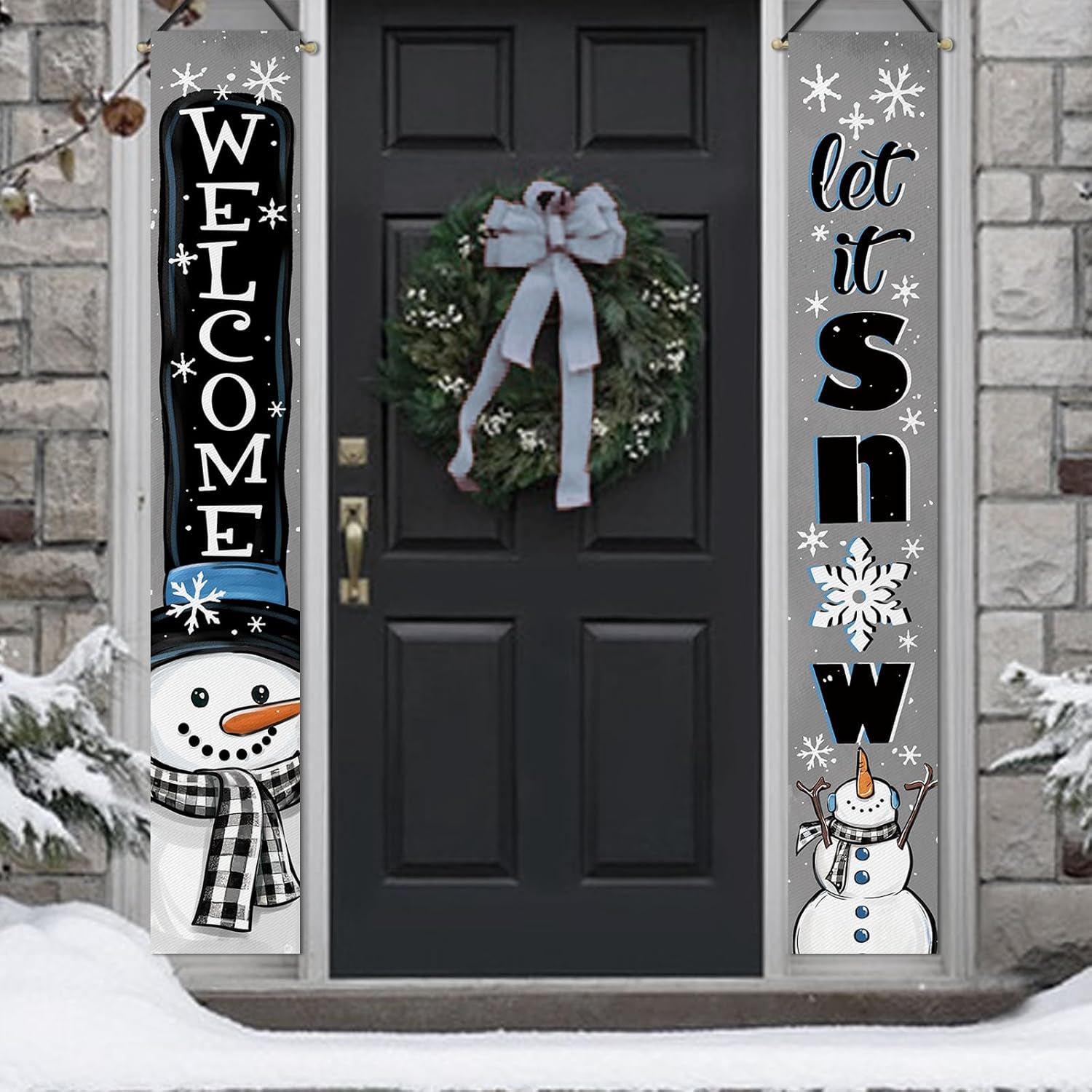 Welcome Winter Snowman Gray Porch Banner Sign, Let It Snow Snowflake Buffalo Plaid Check Door Decorative Hanging Banner Flag, Christmas Holiday Seasonal Decoration Home Outdoor Decor