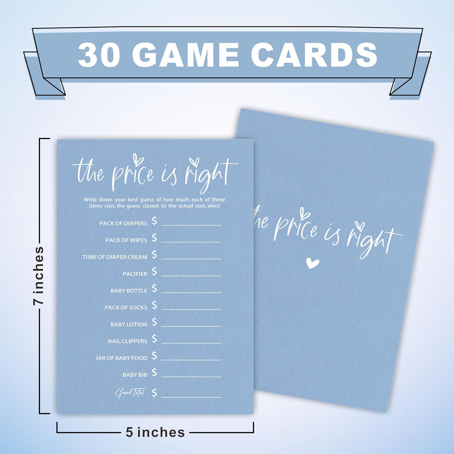 The Price Is Right Baby Shower Game Set - Minimalism Blue - 30 Double-Sided Fill In Style Game Cards, Gender Reveal, Baby Announcement, Party Favor & Supplies - A07