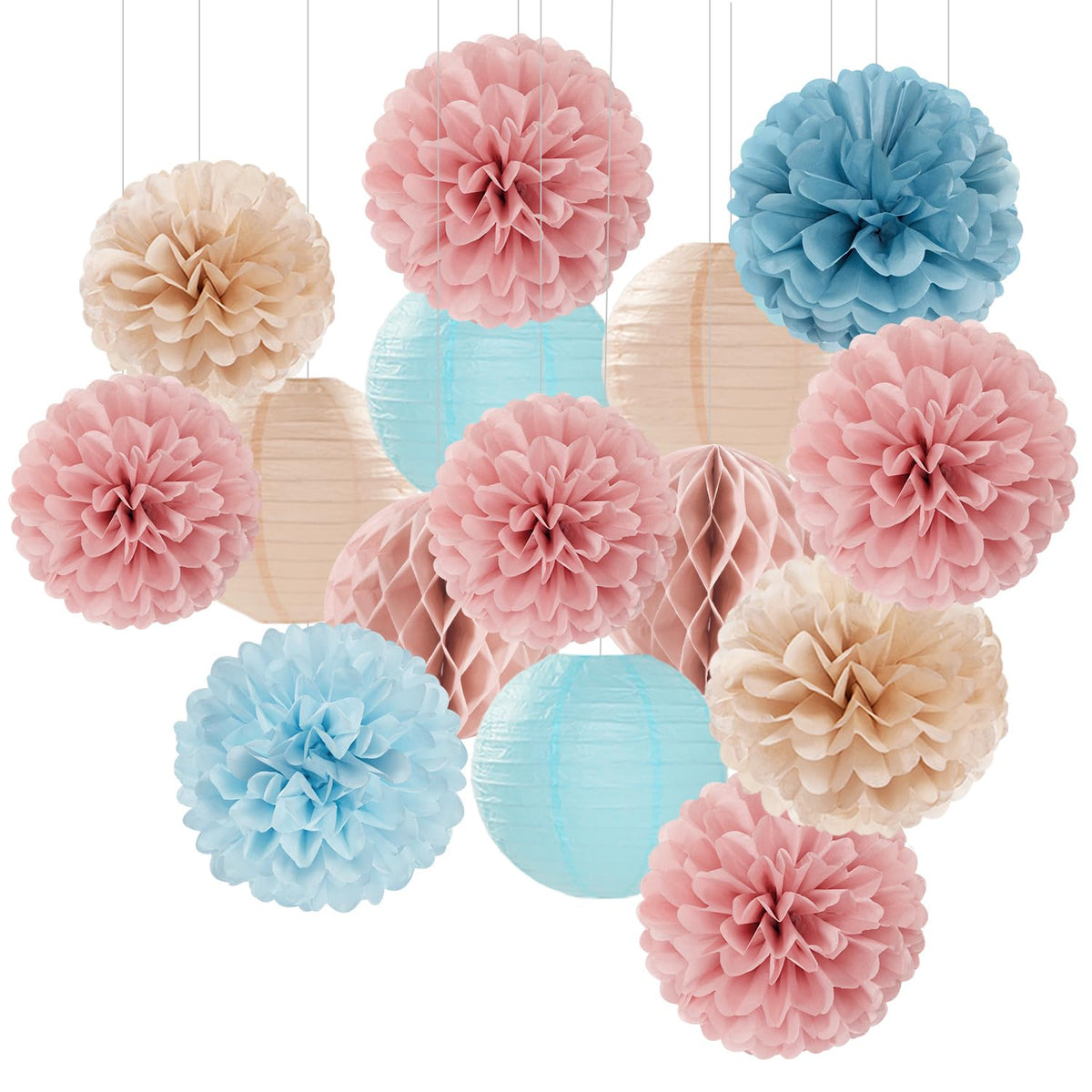 Dusty-Blue Pink Party-Decorations Paper Lanterns - 15pc Gender Reveal Tissue Pom Poms Streamers,Birthday Bachelorette Bridal Baby Shower Engagement Wedding Decor