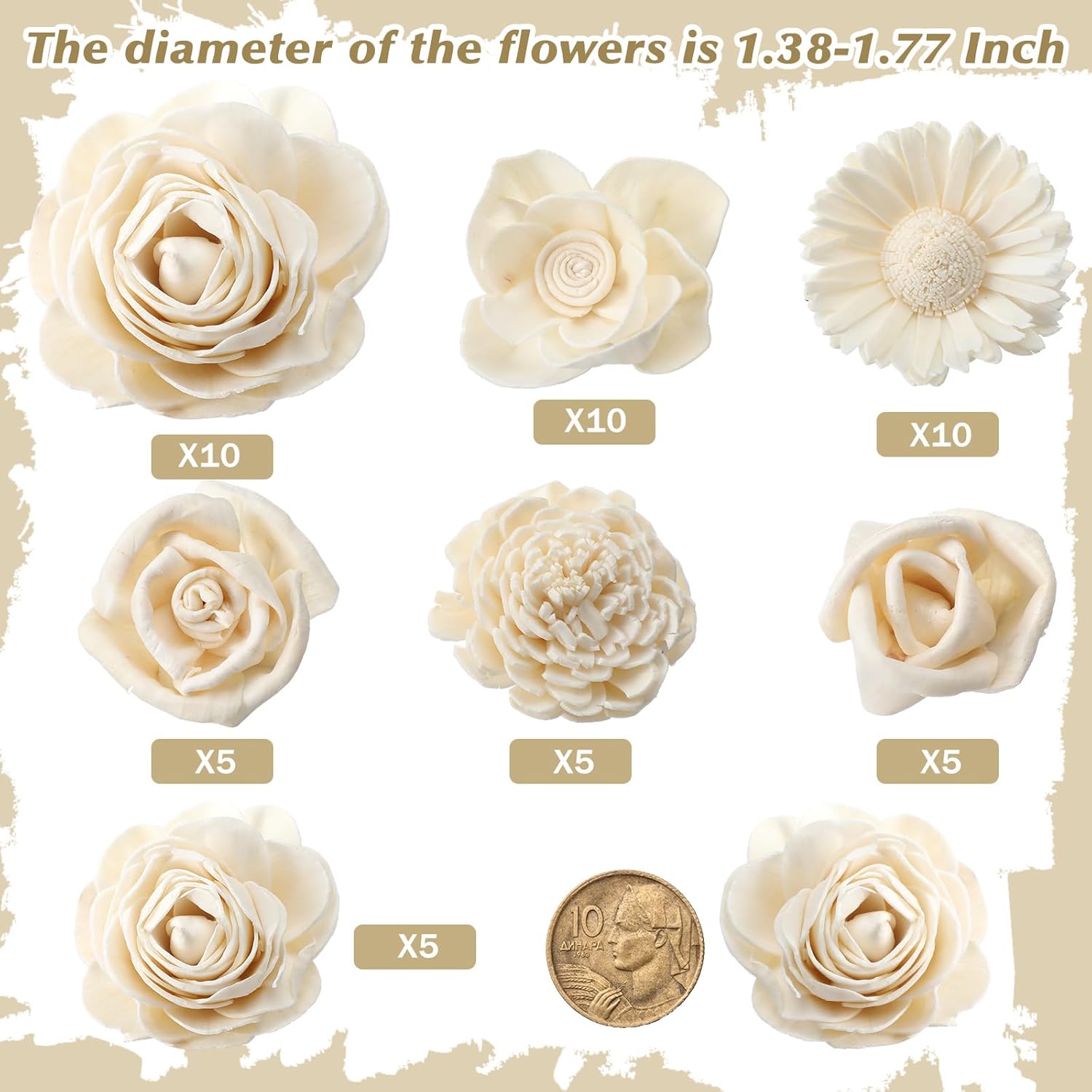 Set Of 50 Diy Sola Wood Flowers Assortment Small Craft Wooden Flowers Fake Flower Bulk For Wedding Home Decorations Diy Bouquet 1.38-1.77 Inch(Classic,Cream White)
