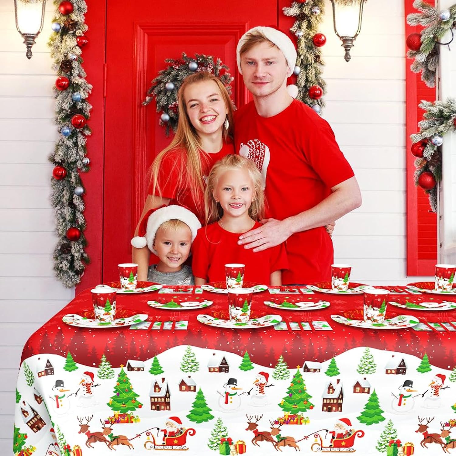 194Pcs Christmas Paper Plates And Napkins - Merry Christmas Party Decorations - Plates, Cup, Napkins, Cutlery, Tablecloth - Disposable Tableware For 24 Guests