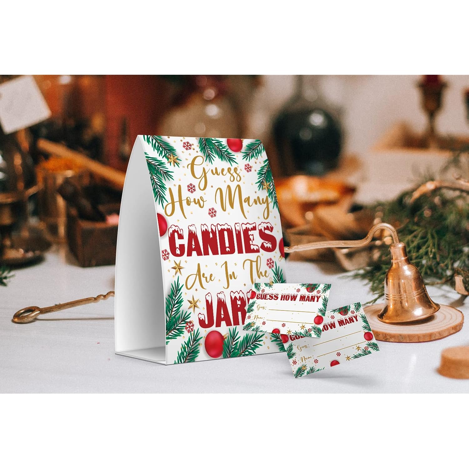 How Many - Candy Guessing Game, Christmas Party Games, Christmas Decorations, 1 Sign And 50 Game Cards, Baby Shower Games, Birthday Party (Green + Red)