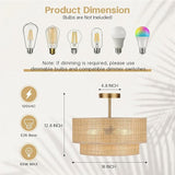 16 Inch Boho Rattan Semi Flush Mount Ceiling Light 3 Light Gold Farmhouse Fixture