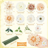 100 Pcs Assorted Fake Flower Heads With Long Stem Mini Artificial Flower Bulk Mix Silk Faux Daisy For Crafts Fake Peony Rose For Diy Wedding Party Wreath Home Decoration(Champagne)