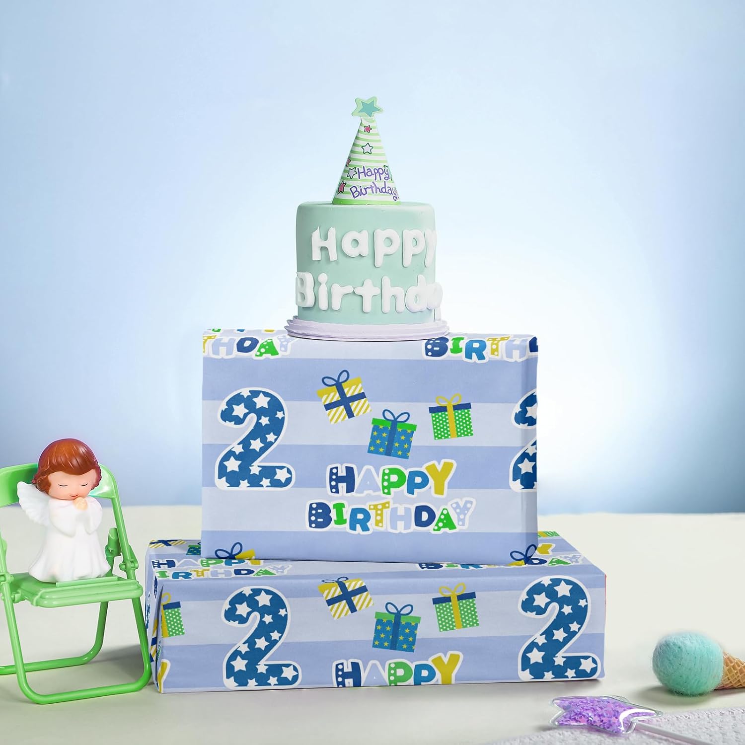 2Nd Birthday Wrapping Paper Sheet - 6 Sheets Blue Happy Birthday With Gift Box Design Folded Flat For Bday, Party, Baby Showers - 19.7 Inch X 27.5 Inch Per Sheet