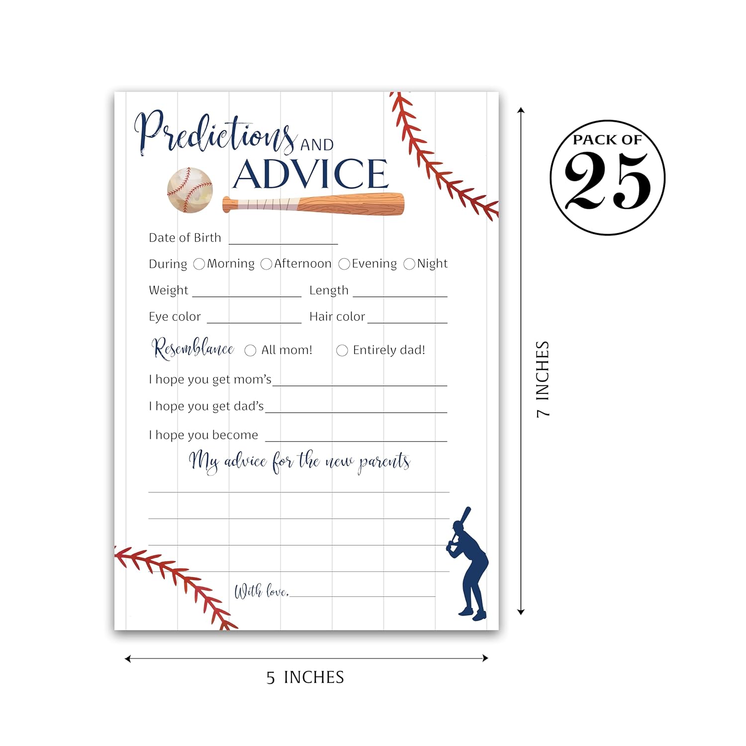 Baseball Prediction And Advice Cards - Pack Of 25 - Sports Navy Blue Boy Baby Shower Games, Wishes For New Parents Mom & Dad To Be Mommy & Daddy Message Little Slugger Shower Activity G900-Pdav