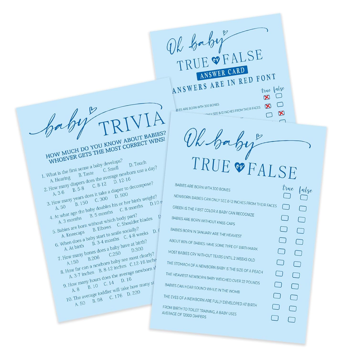 30 Sheets Minimalist Baby Shower Game Activity Supplies - True Or False? And Trivia - Pink Baby Shower Games, Advice Cards? Double Sided Party Game For Boys - A09