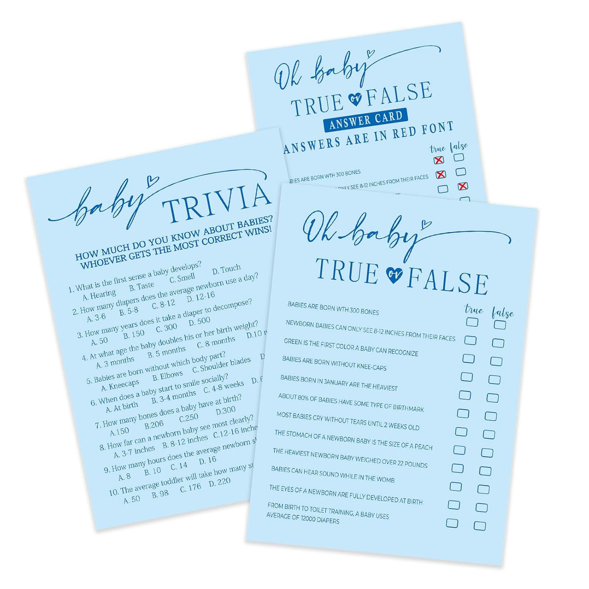 30 Sheets Minimalist Baby Shower Game Activity Supplies - True Or False? And Trivia - Pink Baby Shower Games, Advice Cards? Double Sided Party Game For Boys - A09