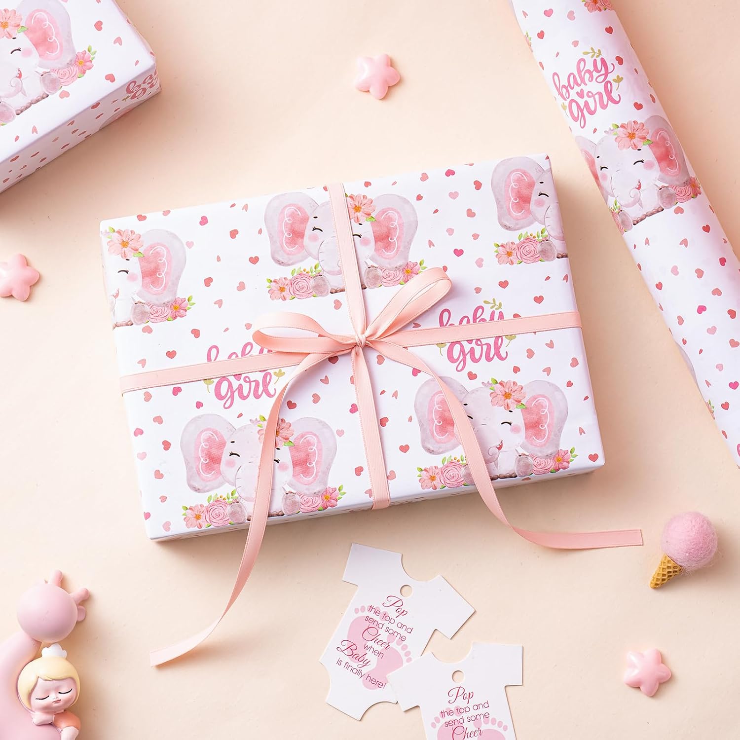 Baby Girl Wrapping Paper - Mini Roll - 17 Inch X 33 Feet - Adorable Pink Elephant Design For Baby Shower, Party, Holiday