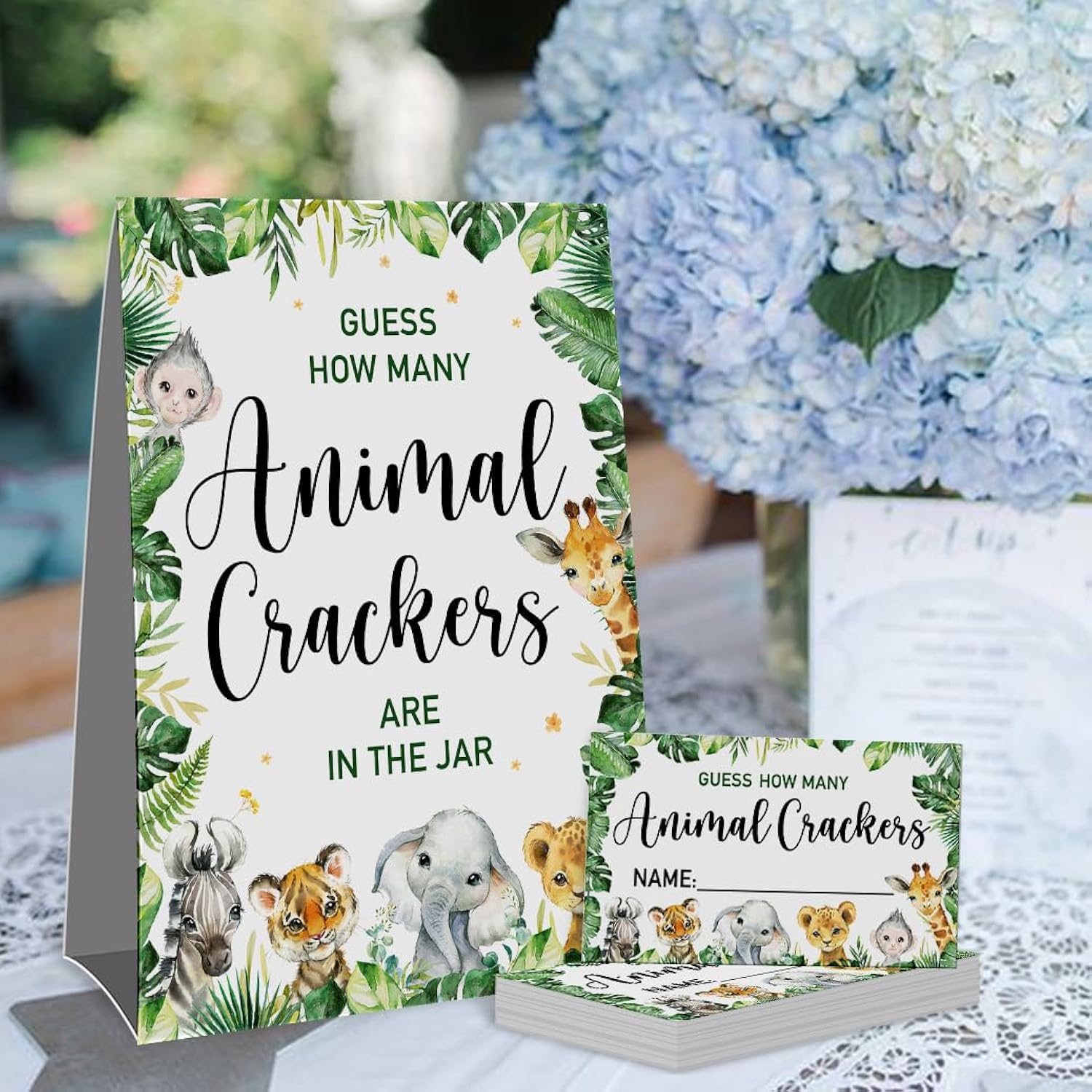 Guess How Many Animal Crackers Baby Shower Game(1 Standing Sign-50 Guessing Cards) Watercolor Woodland Safari Theme Baby Shower Game For Neutral Gender Reveal, Birthday, Christmas