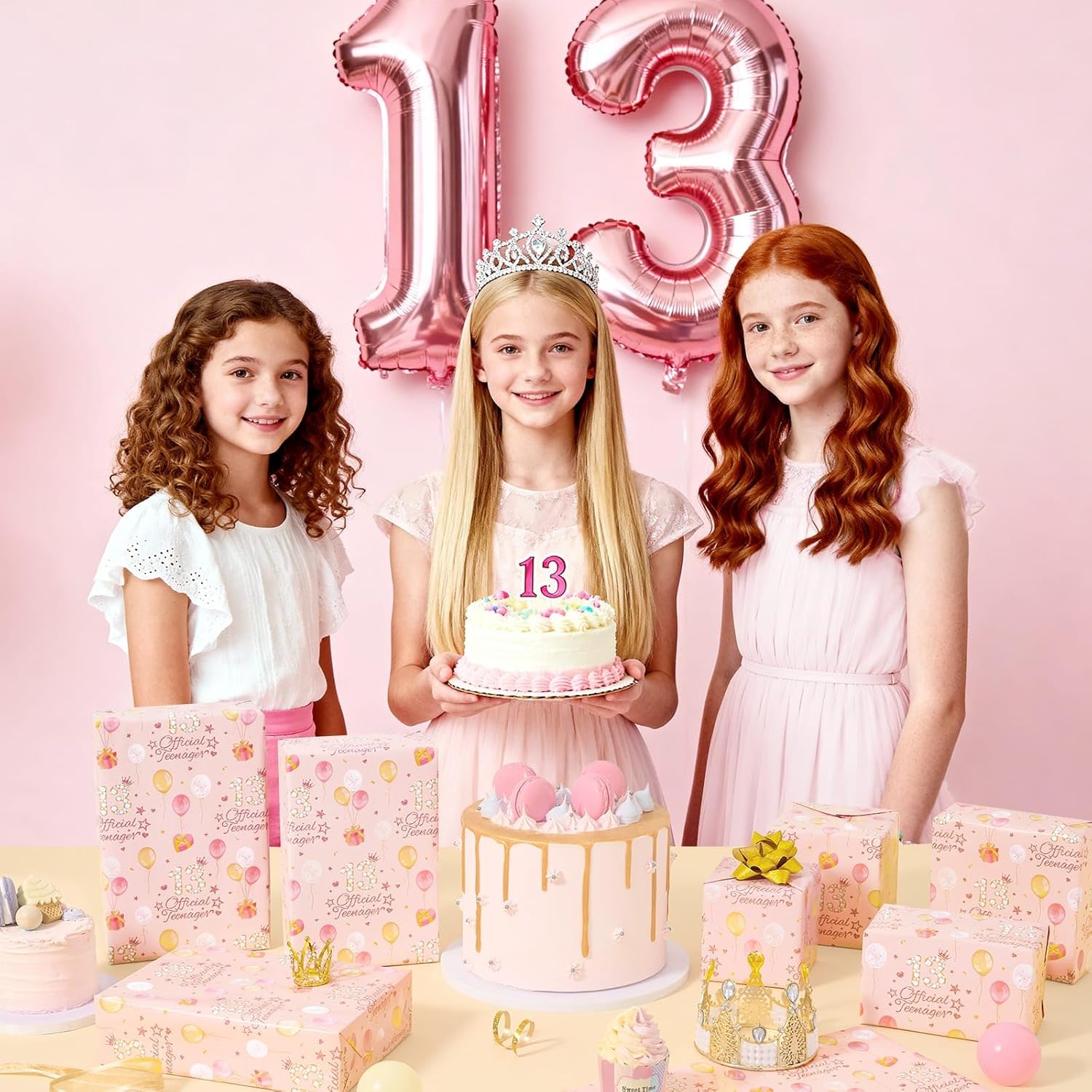 13Th Birthday Wrapping Paper Girls- 6 Sheets 27.5”X 19.7”Happy Birthday Gift Wrap Papers Sparkling Number 13 And Balloons Design Gift Packing For Girls Party Gifts Decoration